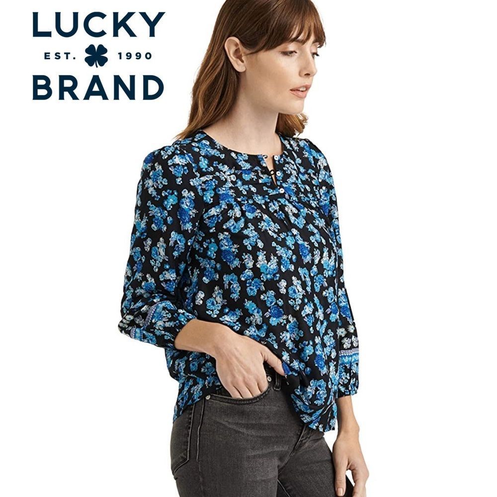 Lucky Brand Blue Floral 3/4 Sleeve Alexis Popover Top